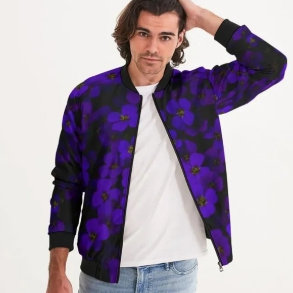 Harlow & Lloyd Midnight Purple Flower Bomber Jacket Mens Large Unisex EUC - Picture 5 of 8